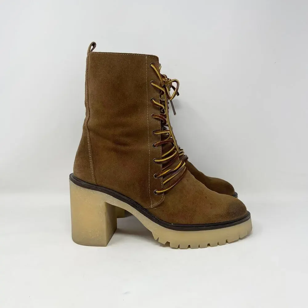 Free People Dylan‎ Lace Up Boot Womens 40/9-9.5 Brown Suede Chunky Mid Calf